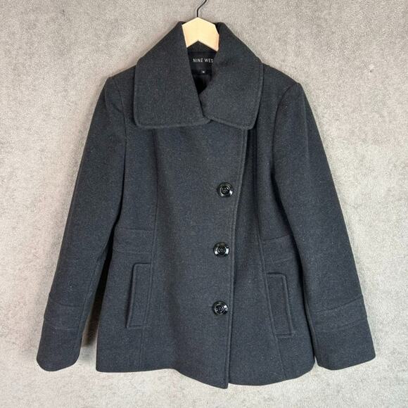 Nine West Womens Gray Wool Blend Pea Coat Size 10 Gray Preppy Asymmetric Buttons - Picture 1 of 12